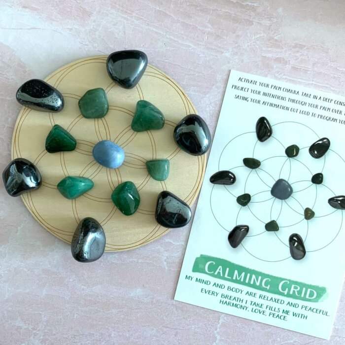 Calming Crystals with 5 inch Seed of Life Wood Grid Yatzuri