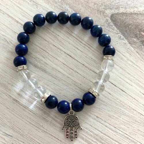 Lapis Lazuli & Clear Quartz Bead Bracelet with Hamsa Hand Charm