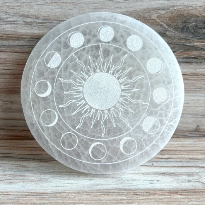 Sun & Moon Phases Round White Selenite Charging Plate - No. 1029 - Yatzuri Shop