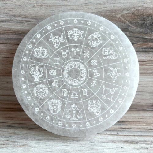 Zodiac Round White Selenite Charging Plate - No. 1028 - Yatzuri Shop